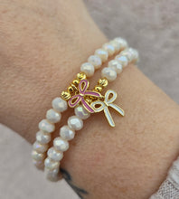 Load image into Gallery viewer, Enamel Bow on Cream Puff Shimmer Beaded Bracelet - Elena Michele