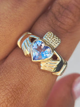 Load image into Gallery viewer, Blue Topaz Claddagh Ring - 14K Yellow Gold
