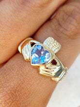 Load image into Gallery viewer, Blue Topaz Claddagh Ring - 14K Yellow Gold