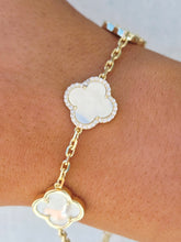 Load image into Gallery viewer, White Mother of Pearl Clover with CZ Halo Station Bracelet- Gold Plated Sterling Silver