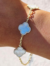 Load image into Gallery viewer, White Mother of Pearl Clover with CZ Halo Station Bracelet- Gold Plated Sterling Silver