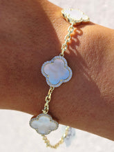 Load image into Gallery viewer, White Mother of Pearl Clover with CZ Halo Station Bracelet- Gold Plated Sterling Silver