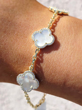 Load image into Gallery viewer, White Mother of Pearl Clover with CZ Halo Station Bracelet- Gold Plated Sterling Silver