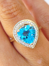 Load image into Gallery viewer, Blue Topaz Heart Ring w/ Diamond Halo - 14K Yellow Gold