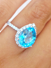 Load image into Gallery viewer, Blue Topaz Teardrop Ring w/ Diamonds - 14K White Gold