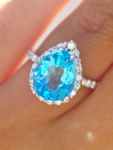 Load image into Gallery viewer, Blue Topaz Teardrop Ring w/ Diamonds - 14K White Gold