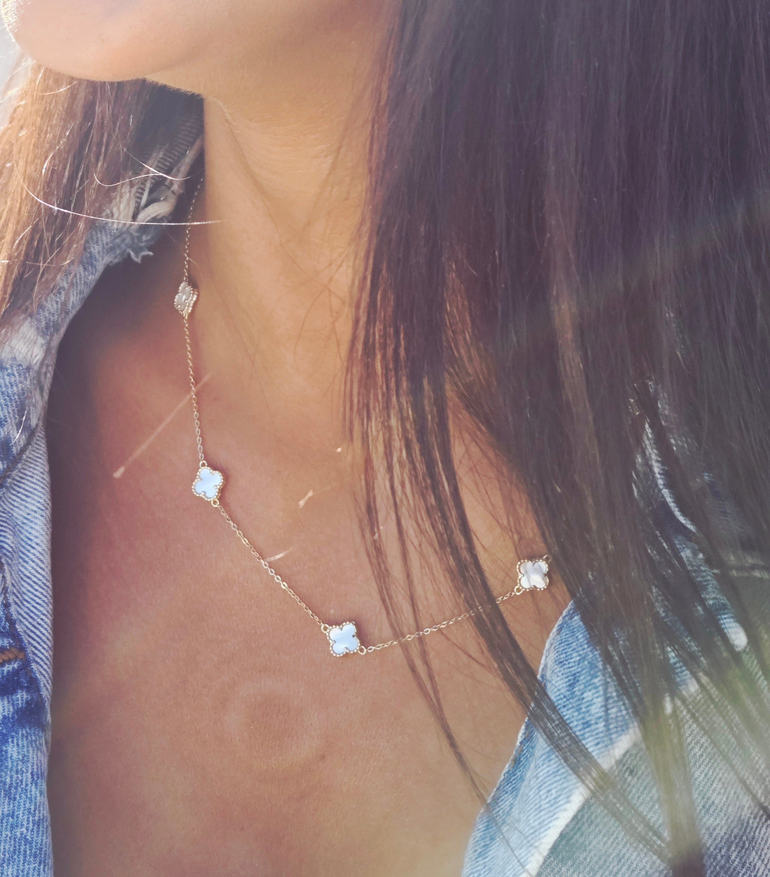 Mini White Mother Of Pearl Clover Five Station Necklace - Sterling