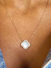 Load image into Gallery viewer, White Mother Of Pearl Clover Necklace with CZ Halo - Gold Plated Sterling Silver