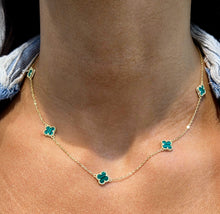 Load image into Gallery viewer, Malachite Clover Station Necklace - Gold Plated Sterling Silver