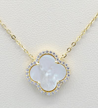 Load image into Gallery viewer, White Mother Of Pearl Clover Necklace with CZ Halo - Gold Plated Sterling Silver