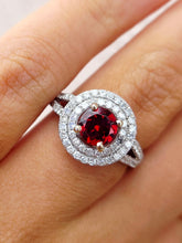 Load image into Gallery viewer, 1 Carat Garnet with Double Diamond Halo and Split Shank Ring - 14K White Gold