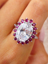 Load image into Gallery viewer, Ruby and Oval CZ Custom Floral Design Ring - 14K White Gold
