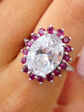 Load image into Gallery viewer, Ruby and Oval CZ Custom Floral Design Ring - 14K White Gold