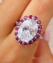 Load image into Gallery viewer, Ruby and Oval CZ Custom Floral Design Ring - 14K White Gold