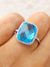 Load image into Gallery viewer, 5 Carat Cushion Cut Blue Topaz Ring with Diamond Halo - 14K White Gold