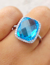 Load image into Gallery viewer, 5 Carat Cushion Cut Blue Topaz Ring with Diamond Halo - 14K White Gold