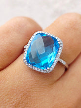 Load image into Gallery viewer, 5 Carat Cushion Cut Blue Topaz Ring with Diamond Halo - 14K White Gold