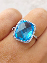 Load image into Gallery viewer, 5 Carat Cushion Cut Blue Topaz Ring with Diamond Halo - 14K White Gold