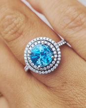 Load image into Gallery viewer, Blue Zircon and Double Diamond Halo Ring - 14K Yellow Gold