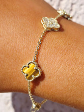 Load image into Gallery viewer, Honey Tiger's Eye &amp; Pave CZ Clover Bracelet - Gold Plated