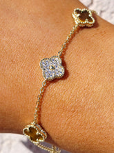 Load image into Gallery viewer, Honey Tiger's Eye &amp; Pave CZ Clover Bracelet - Gold Plated