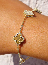 Load image into Gallery viewer, Honey Tiger's Eye &amp; Pave CZ Clover Bracelet - Gold Plated