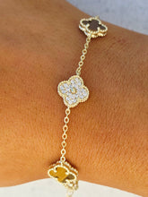 Load image into Gallery viewer, Honey Tiger's Eye &amp; Pave CZ Clover Bracelet - Gold Plated