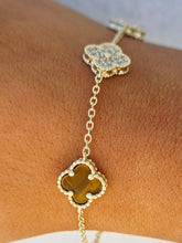 Load image into Gallery viewer, Honey Tiger's Eye &amp; Pave CZ Clover Bracelet - Gold Plated
