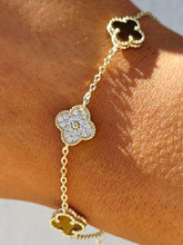 Load image into Gallery viewer, Honey Tiger's Eye &amp; Pave CZ Clover Bracelet - Gold Plated