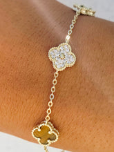 Load image into Gallery viewer, Honey Tiger's Eye &amp; Pave CZ Clover Bracelet - Gold Plated