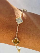 Load image into Gallery viewer, Honey Tiger's Eye &amp; Pave CZ Clover Bracelet - Gold Plated