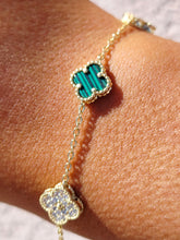 Load image into Gallery viewer, Malachite &amp; Pave CZ Clover Bracelet - Gold Plated Sterling Silver