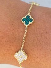Load image into Gallery viewer, Malachite &amp; Pave CZ Clover Bracelet - Gold Plated Sterling Silver