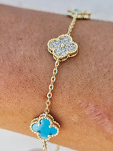 Load image into Gallery viewer, Turquoise &amp; Pave CZ Clover Bracelet - Gold Plated
