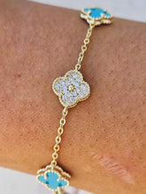 Load image into Gallery viewer, Turquoise &amp; Pave CZ Clover Bracelet - Gold Plated
