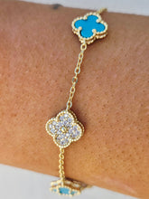 Load image into Gallery viewer, Turquoise &amp; Pave CZ Clover Bracelet - Gold Plated