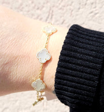 Load image into Gallery viewer, White Mother of Pearl Clover with CZ Halo Station Bracelet- Gold Plated Sterling Silver