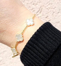 Load image into Gallery viewer, White Mother of Pearl Clover with CZ Halo Station Bracelet- Gold Plated Sterling Silver