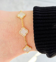 Load image into Gallery viewer, White Mother of Pearl Clover with CZ Halo Station Bracelet- Gold Plated Sterling Silver