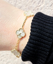 Load image into Gallery viewer, White Mother of Pearl Clover &amp; Diamond Cut Clover Station Bracelet