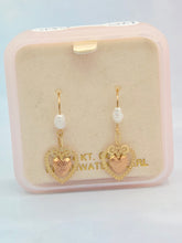 Load image into Gallery viewer, Vintage Style Heart &amp; Freshwater Pearl Dangle Earrings - 14K Yellow Gold - Estate