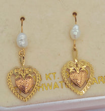 Load image into Gallery viewer, Vintage Style Heart &amp; Freshwater Pearl Dangle Earrings - 14K Yellow Gold - Estate