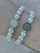 Load image into Gallery viewer, Teal Flower Bead on White Mother of Pearl Beaded Bracelet - Elena Michele