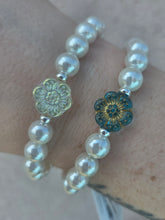 Load image into Gallery viewer, Teal Flower Bead on White Mother of Pearl Beaded Bracelet - Elena Michele