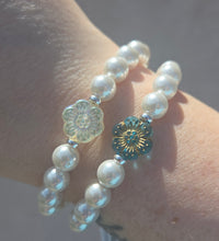 Load image into Gallery viewer, Teal Flower Bead on White Mother of Pearl Beaded Bracelet - Elena Michele