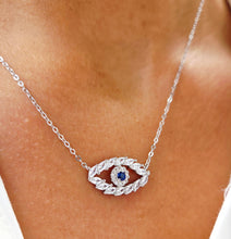 Load image into Gallery viewer, CZ Evil Eye Necklace with Clear &amp; Blue CZ Stones - Sterling Silver