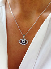 Load image into Gallery viewer, Evil Eye Pendant &amp; Chain with Clear &amp; Blue CZ Stones - Sterling Silver