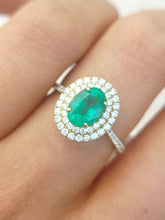Load image into Gallery viewer, Oval Emerald with Diamond Double Halo Ring - 14K Yellow Gold