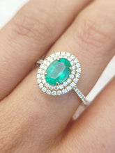 Load image into Gallery viewer, Oval Emerald with Diamond Double Halo Ring - 14K Yellow Gold