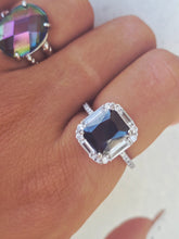 Load image into Gallery viewer, Black Emerald Cut CZ Ring with Baguetta Halo - Sterling Silver